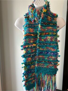 Handcrafted Multicolor Textured Knit Scarf - Teal Multicolor